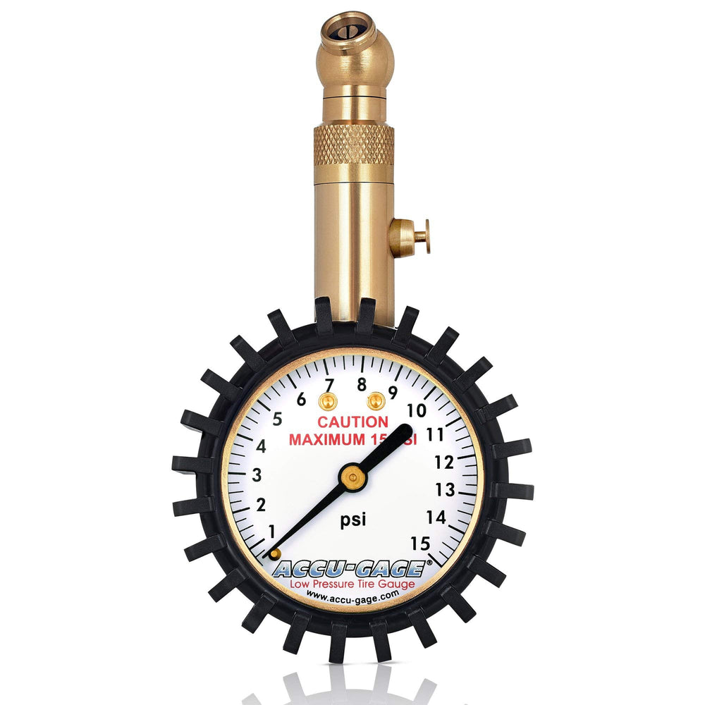 Accu-Gage tire gauge with protective rubber guard for safe handling and precise low-pressure readings.
