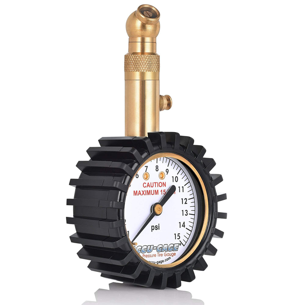 Accu-Gage tire gauge featuring angled chuck for easy valve access and stable readings.