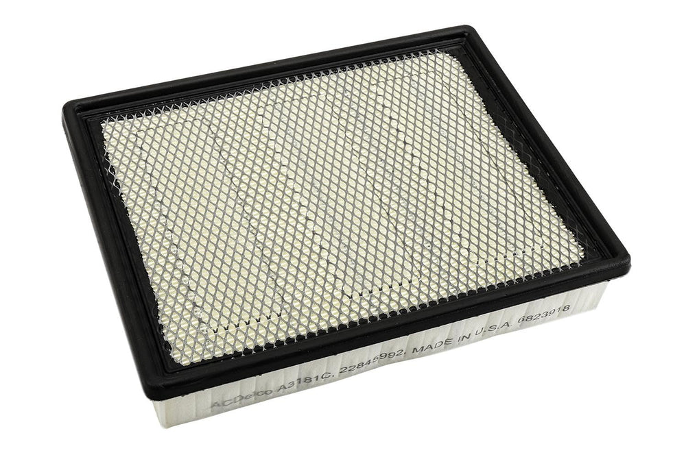 ACDelco air filter close-up showing media and efficiency design for engine protection.