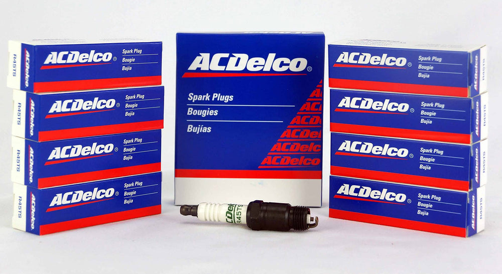 ACDelco R45ts Pkg 8 spark plugs box, durable performance and corrosion resistance.
