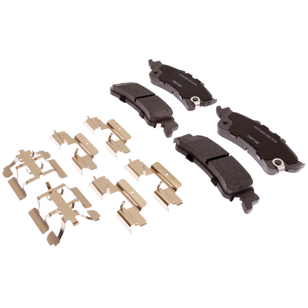 ACDelco Silver rear brake pad set with clips for GM vehicles, quiet braking.