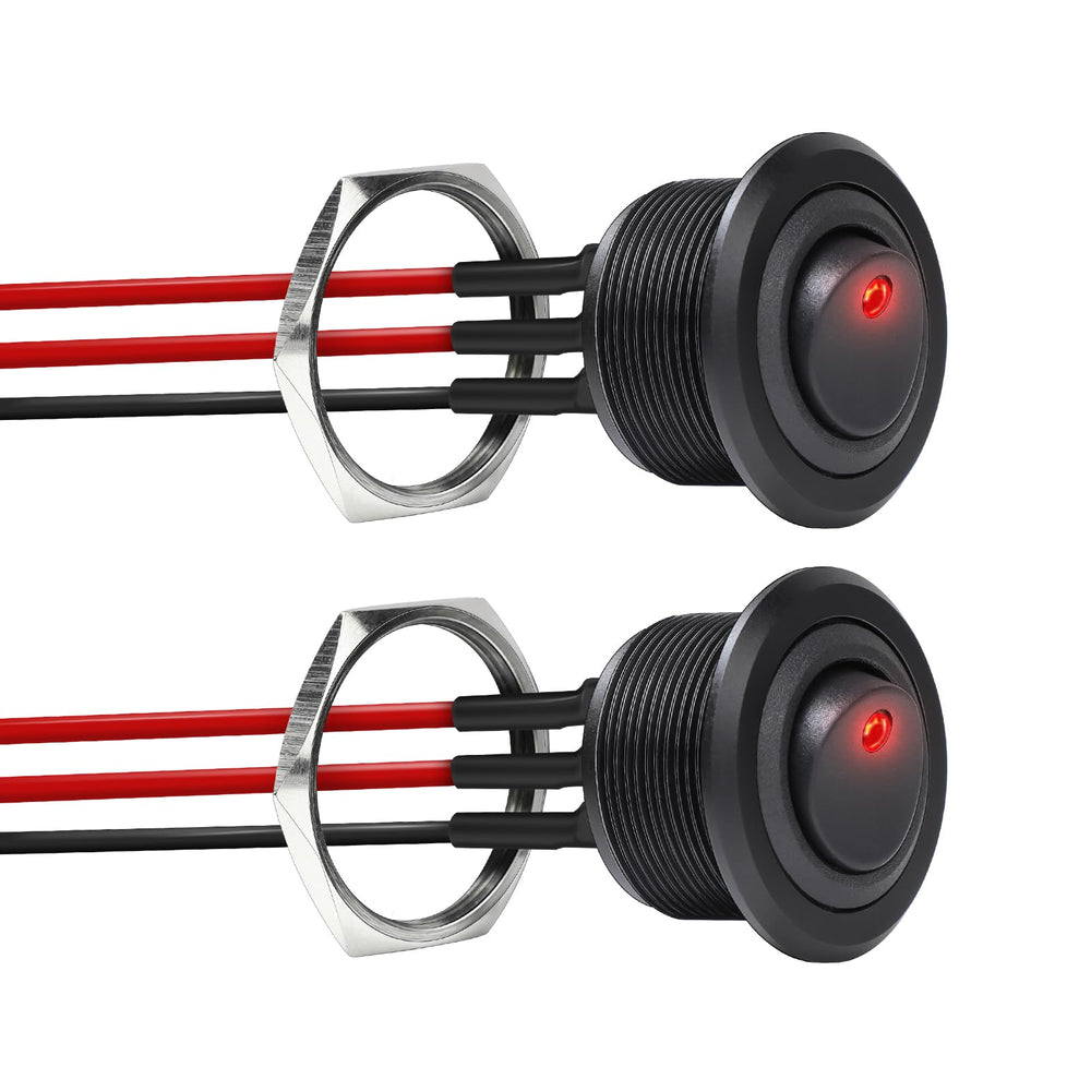 Acegoo 12V aluminum round rocker switch with red LED indicator for clear on/off status.