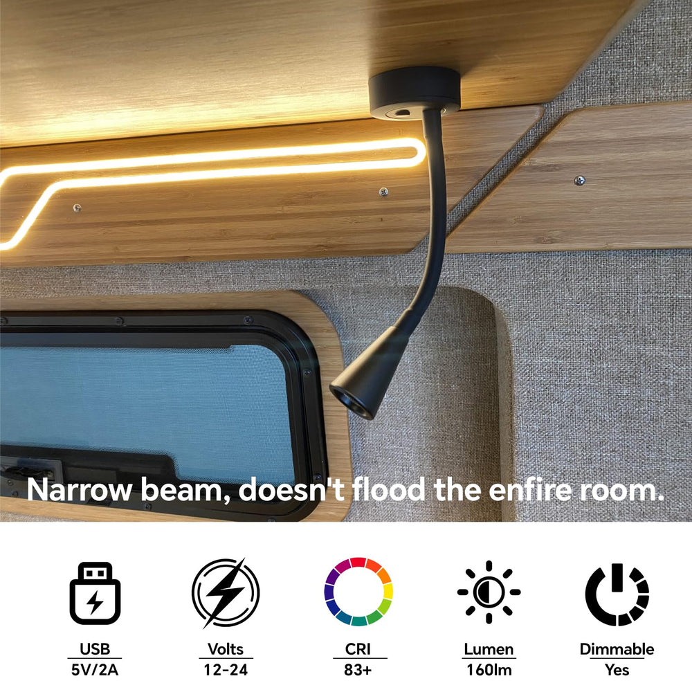 Acegoo USB charging port keeps devices powered during nighttime reading.