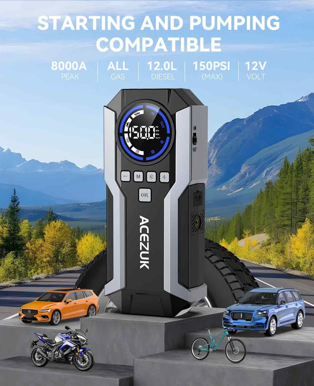 ACEZUK jump starter LCD display shows battery and tire pressure at a glance