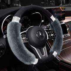 Achiou rhinestone fluffy steering wheel cover close-up with sparkling accents for style.