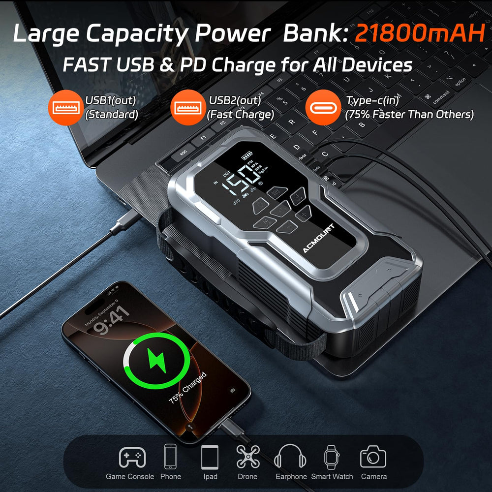 Acmount D18 air compressor psi display shows precise pressure during inflation.