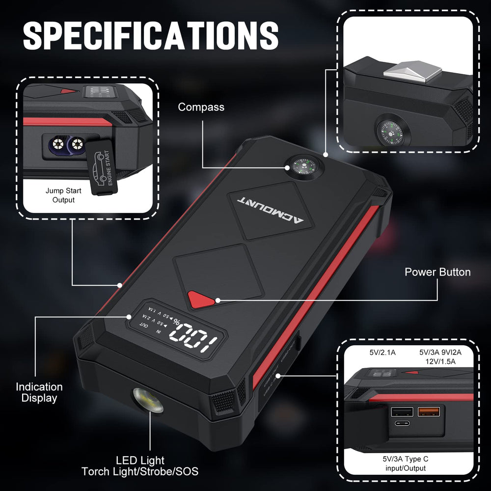 Acmount P100 battery status display shows current level clearly.