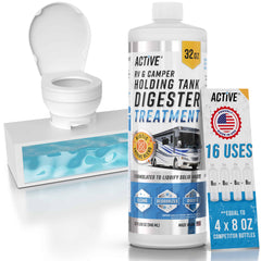 ACTIVE RV Black Tank Treatment bottle ready to pour to control tank odors.