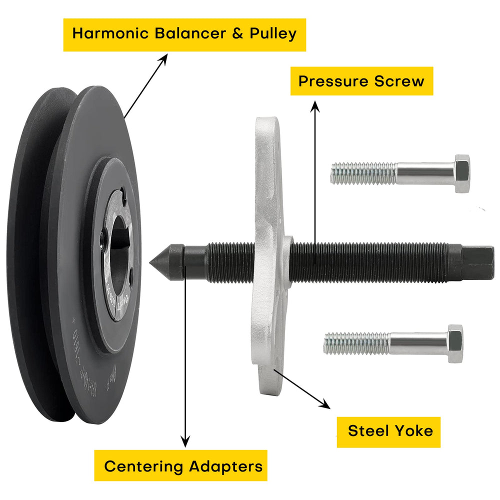 Acymner crankshaft pulley remover enables versatile removal on many cars.