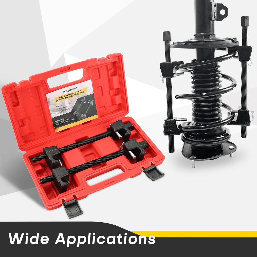 Acymner two-pack strut compressor set supports quick repairs for cars, trucks, and motorcycles.