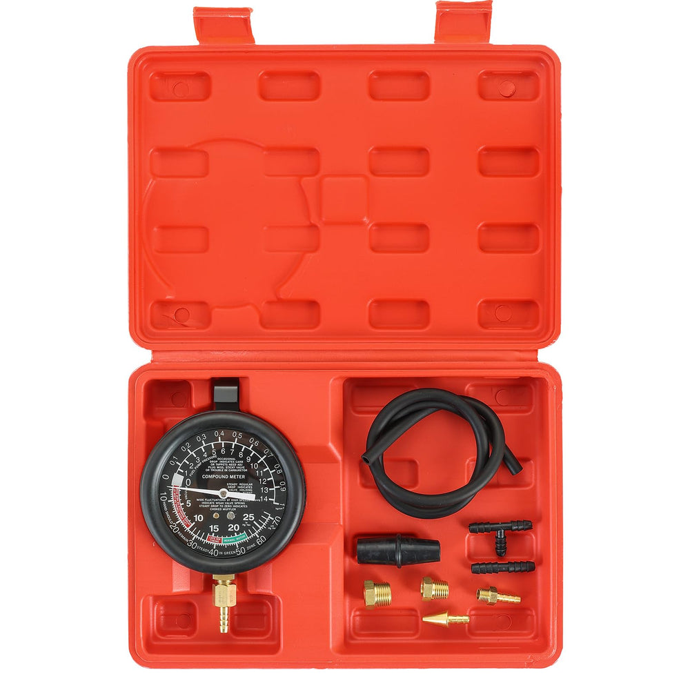 Acymner vacuum and fuel pump tester kit shown for engine diagnostics with complete readings