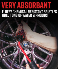 Adam's Polishes angled wheel brush reaches into wheel barrel for tight spaces safely