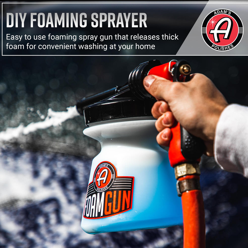 Adam's Foam Gun features a 32oz canister for extended foam sessions.