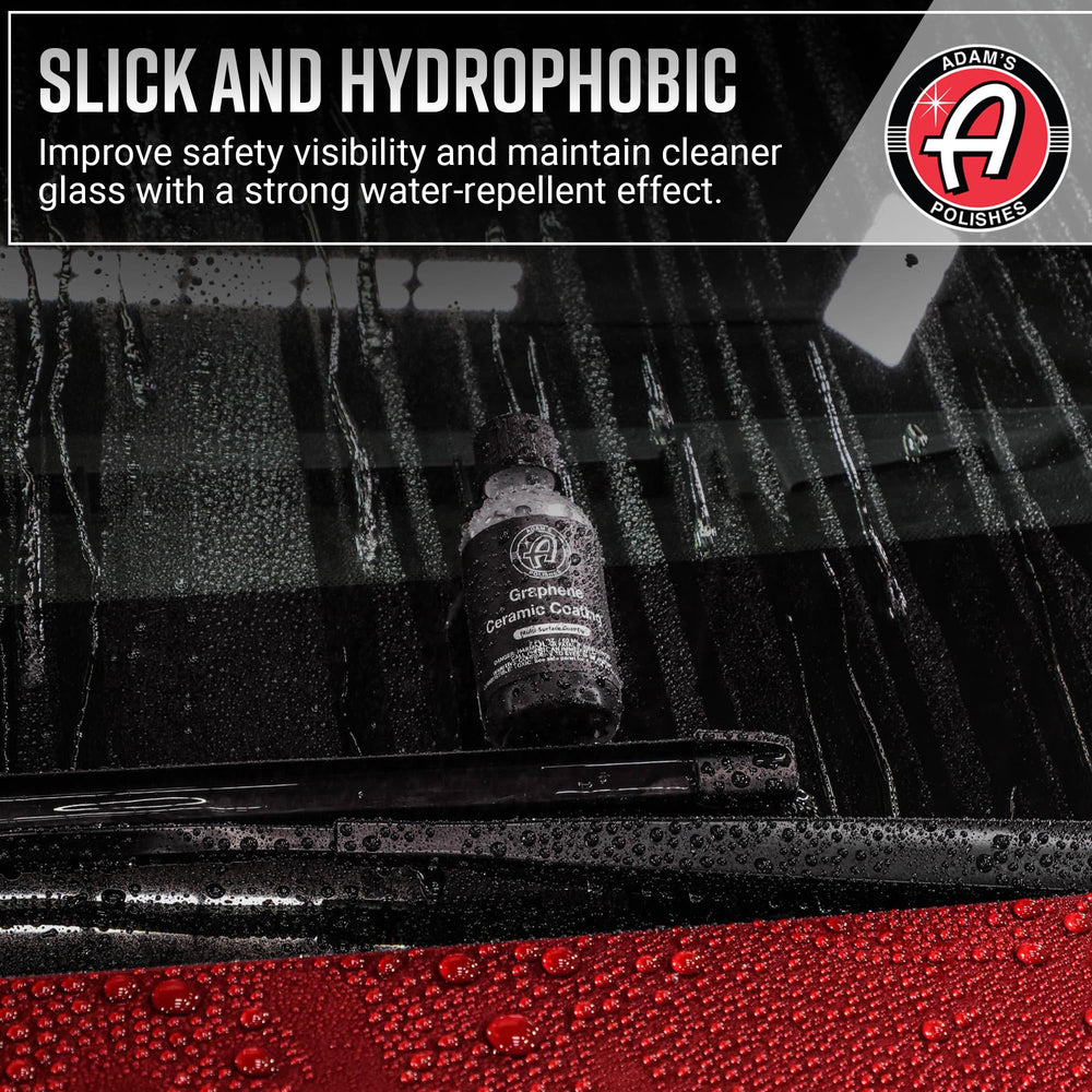 Adam's Polishes Graphene Glass Coating demonstrates rain beading on a car windshield