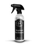 Adam's Graphene Tire Dressing bottle shows a deep black satin finish and water resistance.