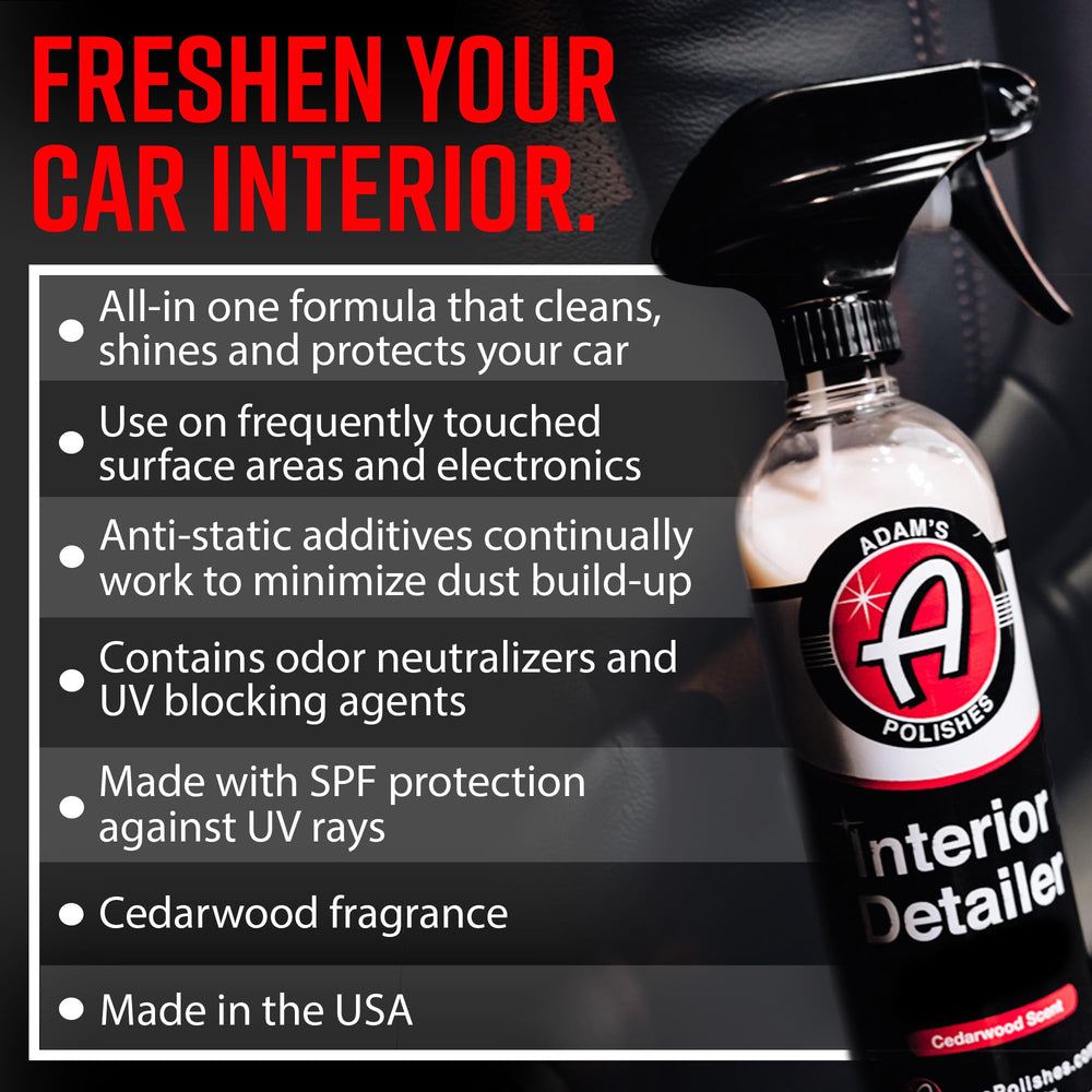 Adam's Polishes Interior Detailer Cedarwood spray on dashboard for a fresh shine