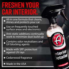 Adam's Polishes Interior Detailer Cedarwood spray on dashboard for a fresh shine