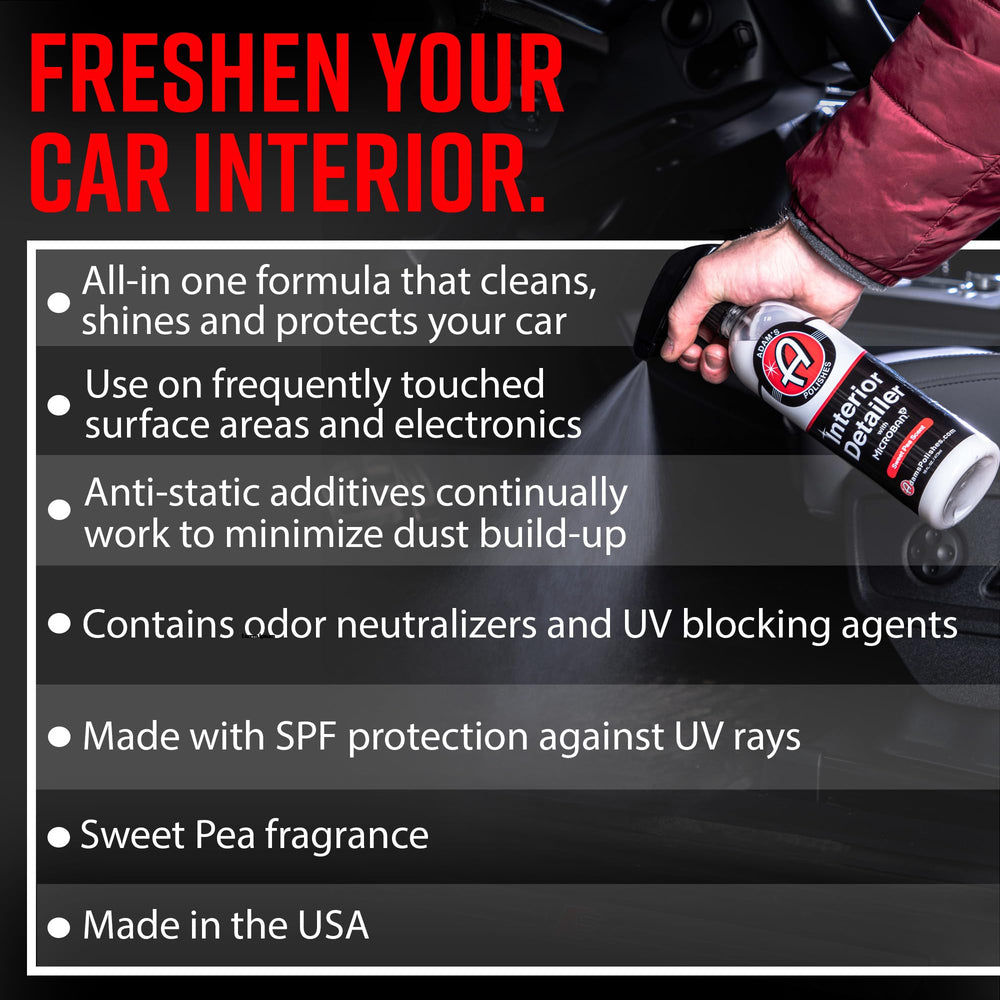 Adam's Polishes Interior Detailer Sweet Pea label closeup highlights premium branding and clarity.