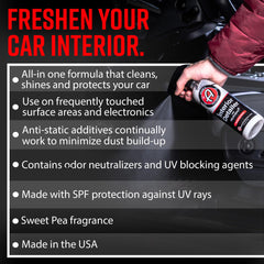 Adam's Polishes Interior Detailer Sweet Pea label closeup highlights premium branding and clarity.
