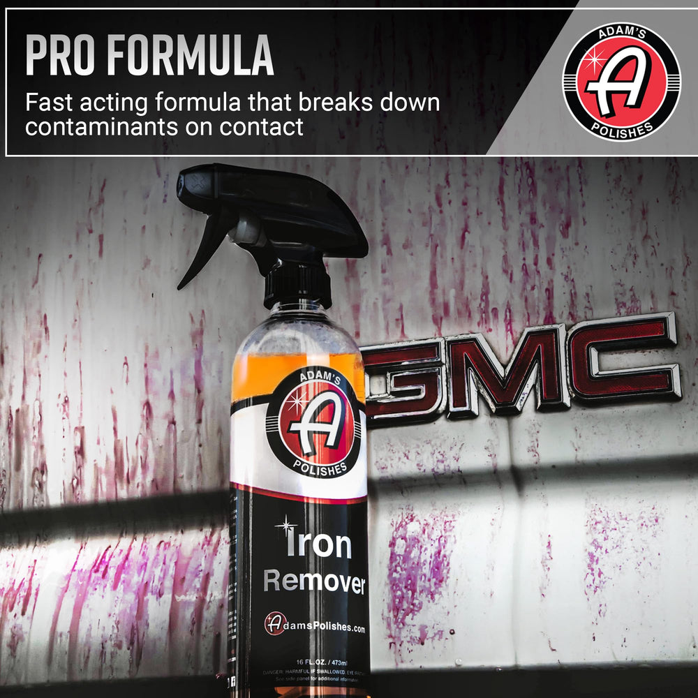 Adam's Polishes Iron Remover spray application highlights quick red bleed reaction for iron particle removal