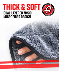 Dual layer microfiber construction enhances water pickup on Adam's Polishes towel.