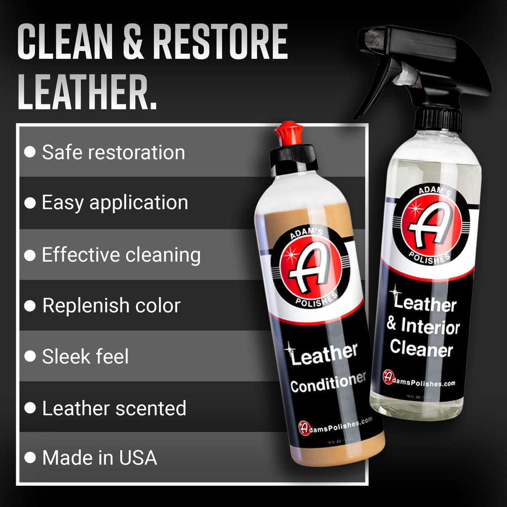 Adam's Polishes Leather Care Kit leather conditioner bottle providing UV protection and nourishment.