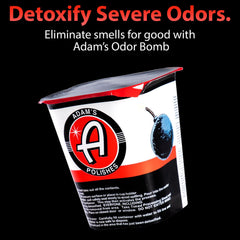 Adam’s Polishes Odor Bomb closeup label, highlighting chlorine dioxide power and safe use