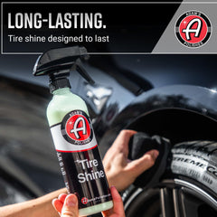 Close-up of Adam's Polishes Tire Shine Combo showing silica-infused formula for durability.