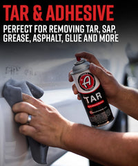 Adam's Polishes Tar 9oz spray form shows quick, solvent-based application.