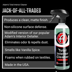 Adam's Polishes cleaner foam action on textiles helps lift grime.