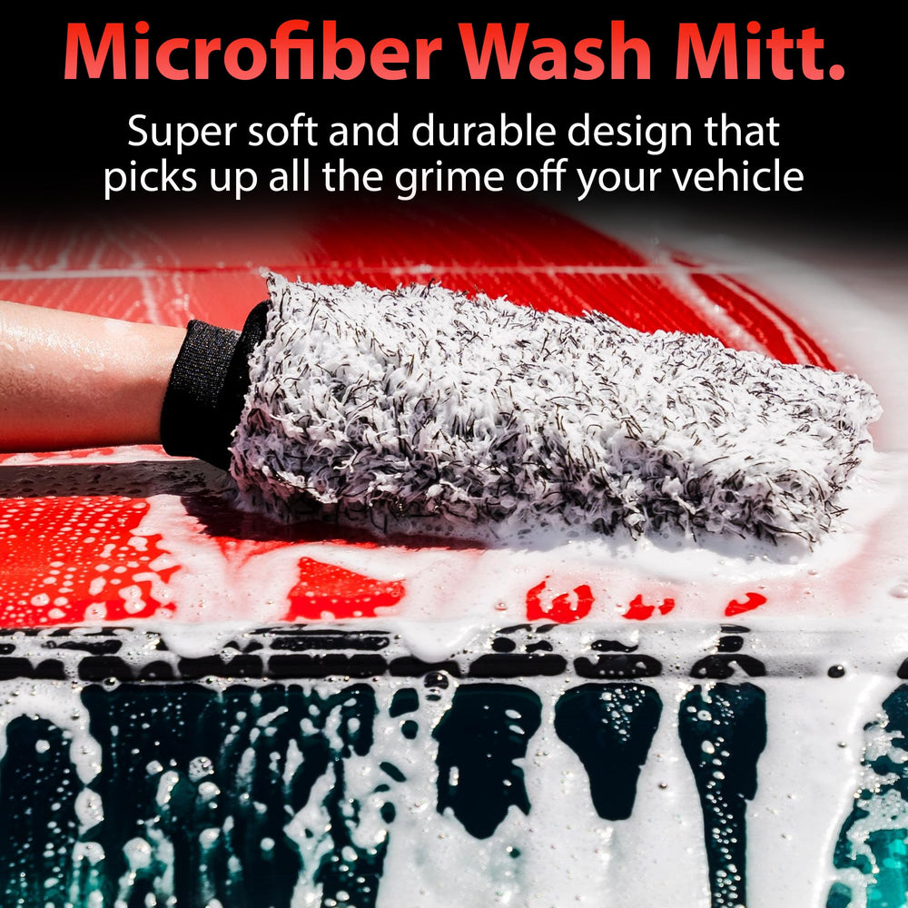 Adam's Polishes wash bucket with grit guard shown beside mitt for safer washing.