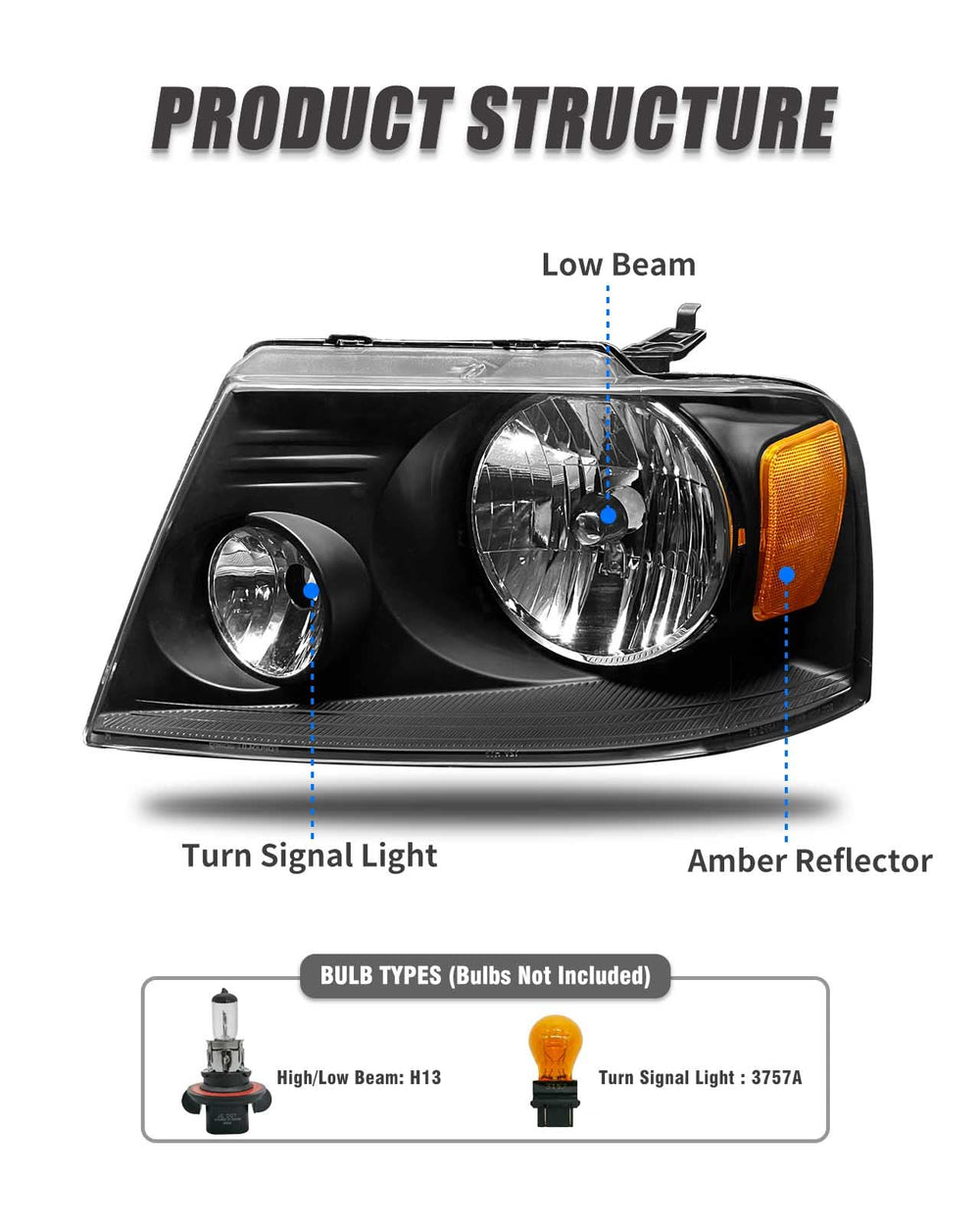 ADCARLIGHTS right headlight for 2006-2008 Lincoln Mark LT with amber reflector.