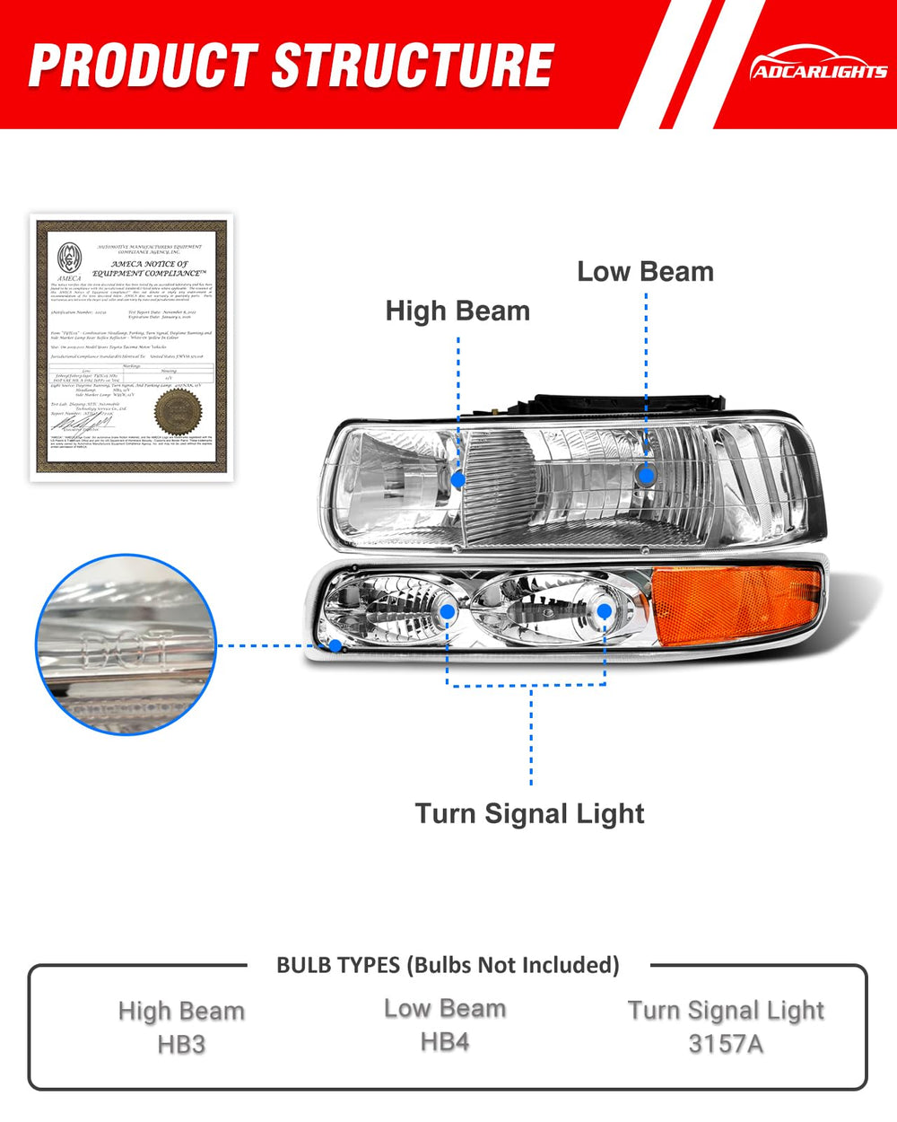 ADCARLIGHTS Chevy Silverado right headlight with chrome housing enhances alignment and daytime visibility