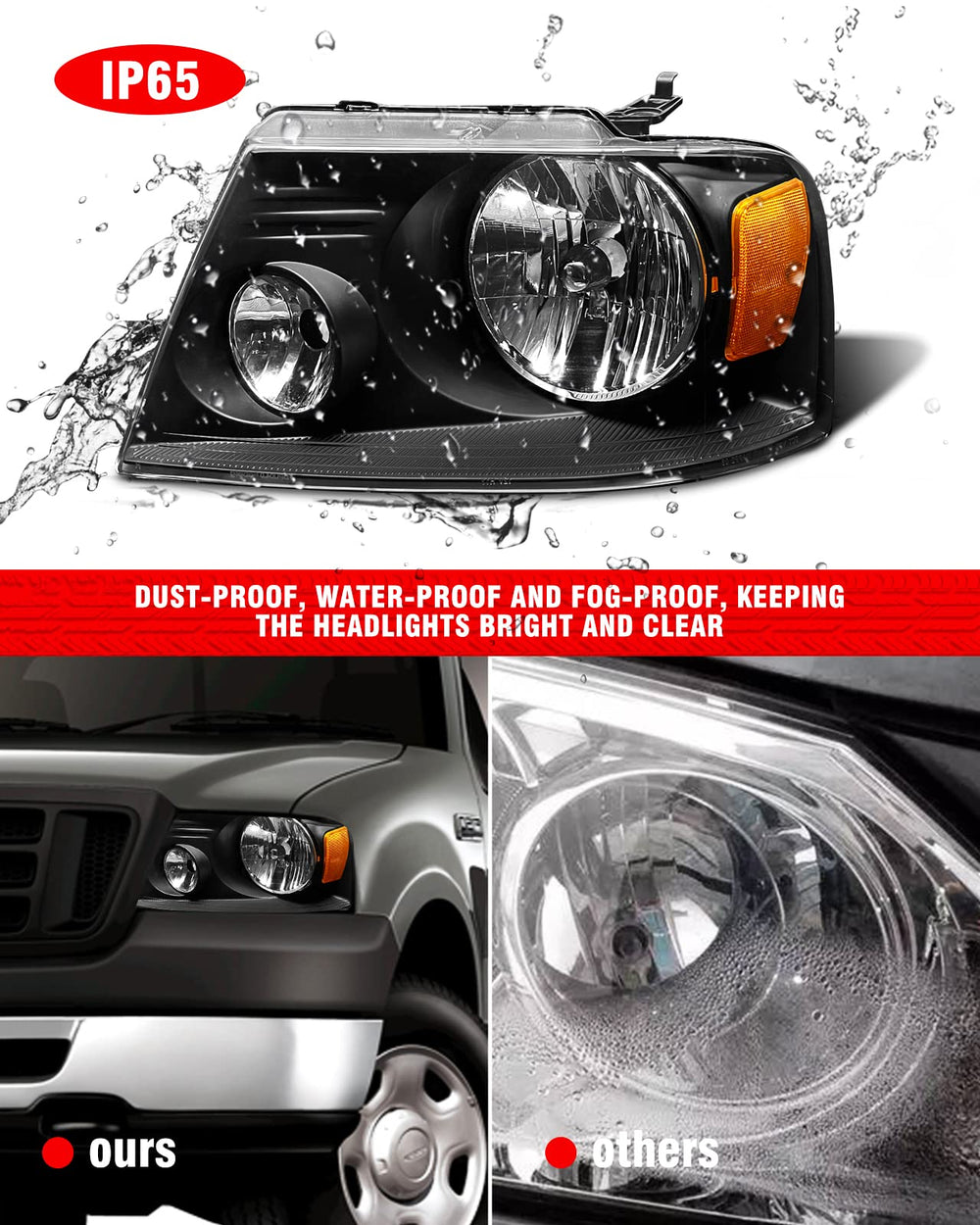 ADCARLIGHTS headlight with clear lens and black housing for F-150, right side.
