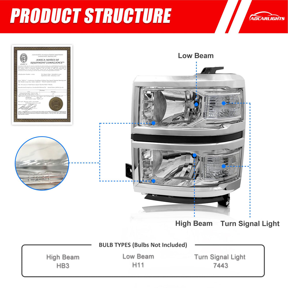 ADCARLIGHTS right chrome headlight assembly for 2014-2015 Silverado improves OE fit and visibility