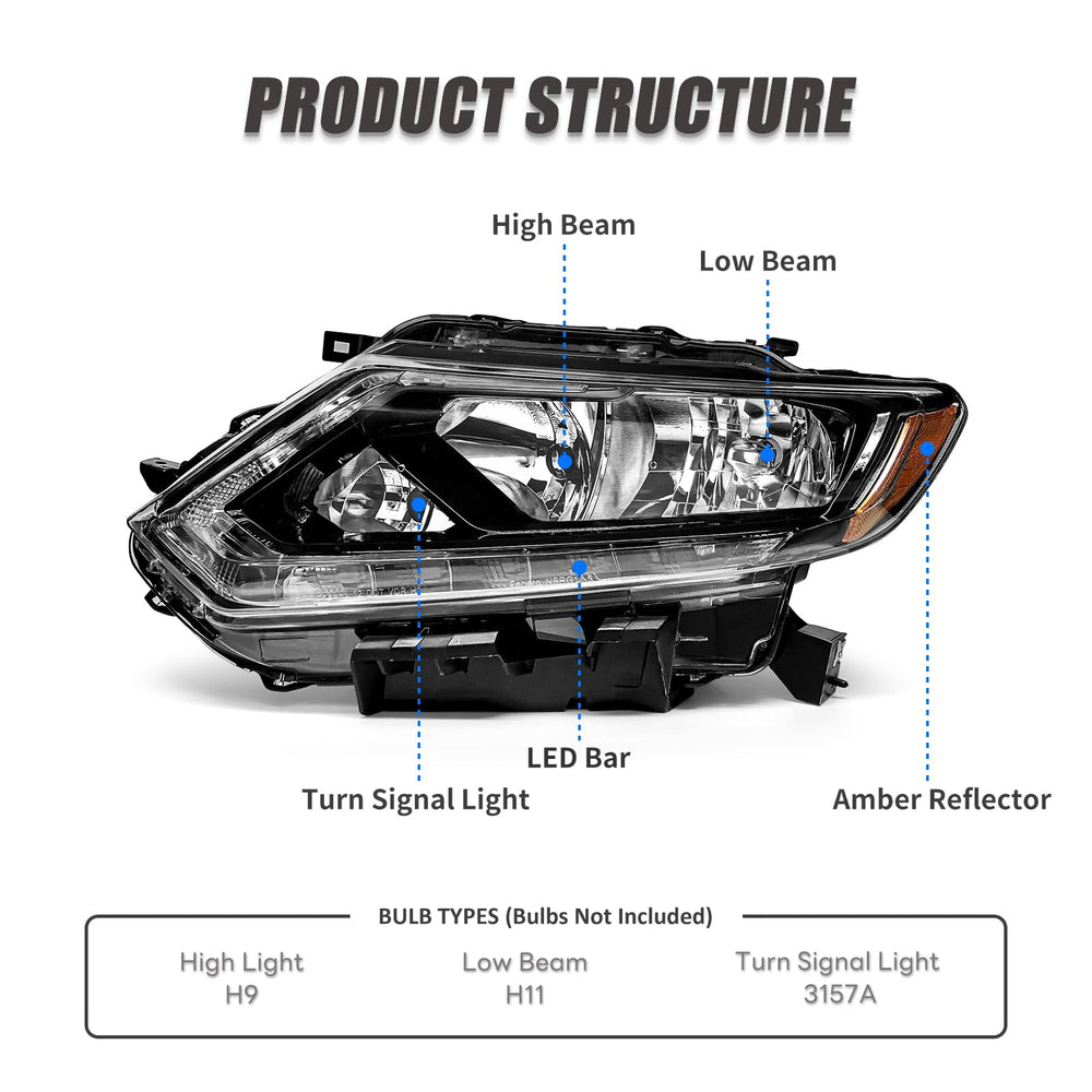 ADCARLIGHTS Nissan Rogue headlight black housing, stylish look plus durable construction