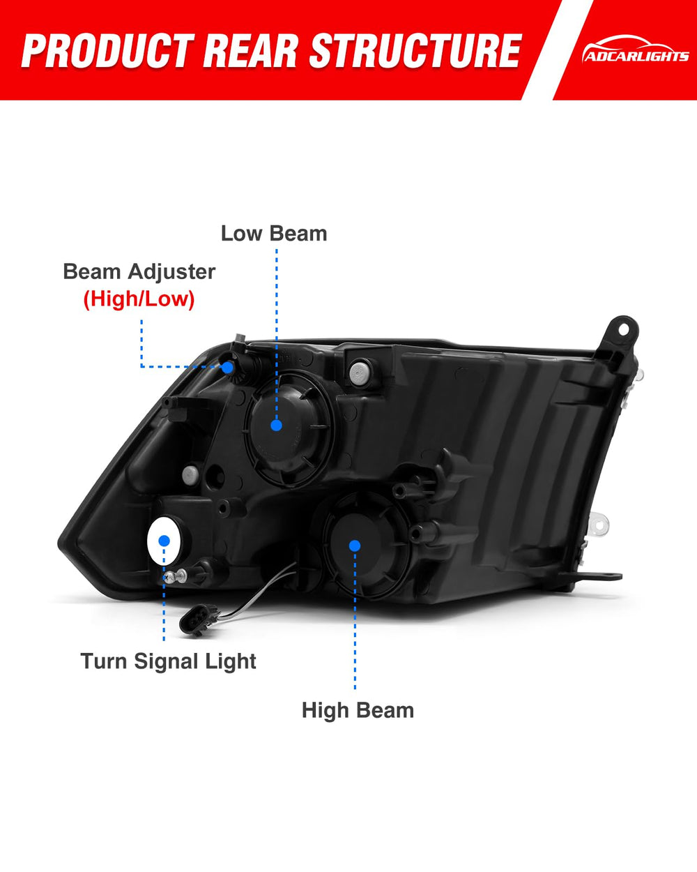 ADCARLIGHTS Ram headlight assembly backside with watertight seal.