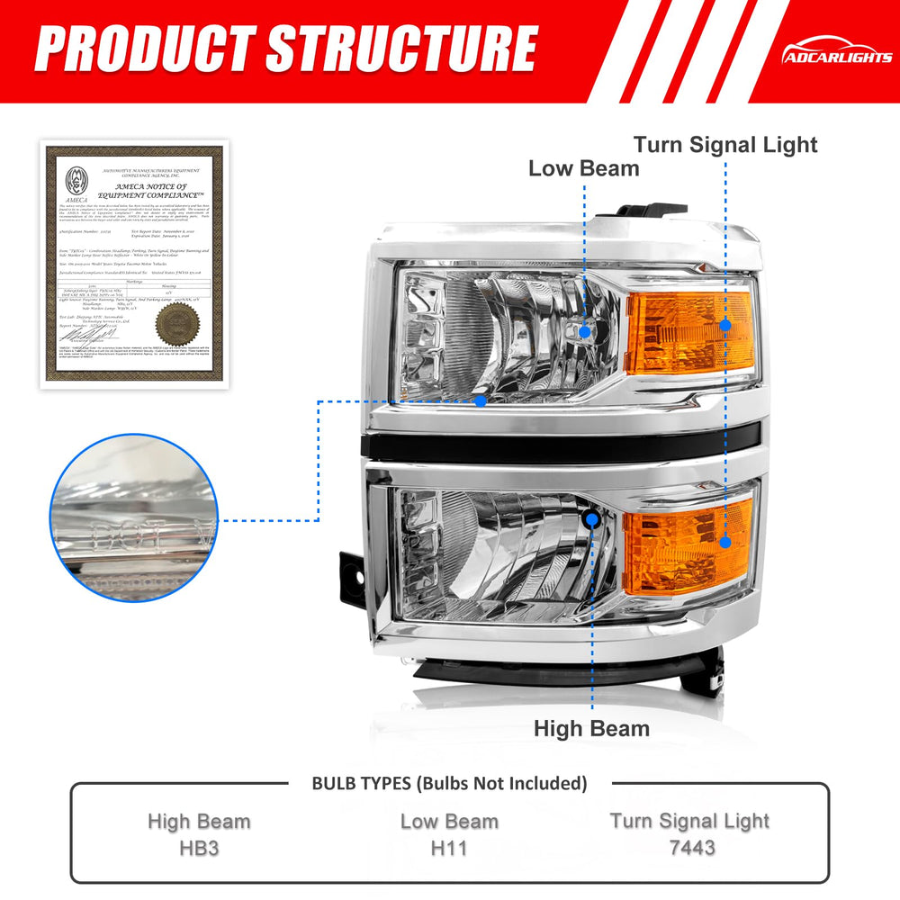 Adcarlights chrome housing with amber reflector provides a classic look and improved signaling.