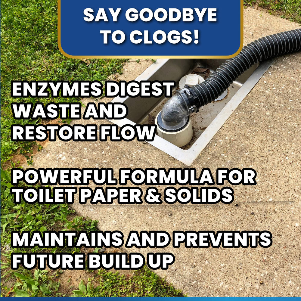 ADIOS! Black Tank Cleaner bioactive enzymes label emphasizes safe, enzyme-based waste breakdown.