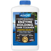ADIOS! Black Tank Cleaner bottle for RVs demonstrates easy clog treatment and odor control.