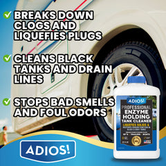 ADIOS! Black Tank Cleaner pouring action shows quick treatment for stubborn tank clogs.