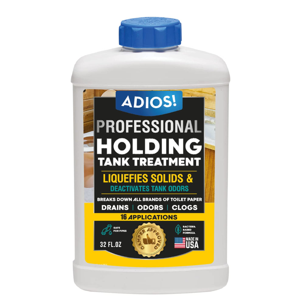 ADIOS! RV holding tank treatment bottle shown for easy odor free maintenance