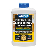 ADIOS! RV holding tank treatment bottle shown for easy odor free maintenance