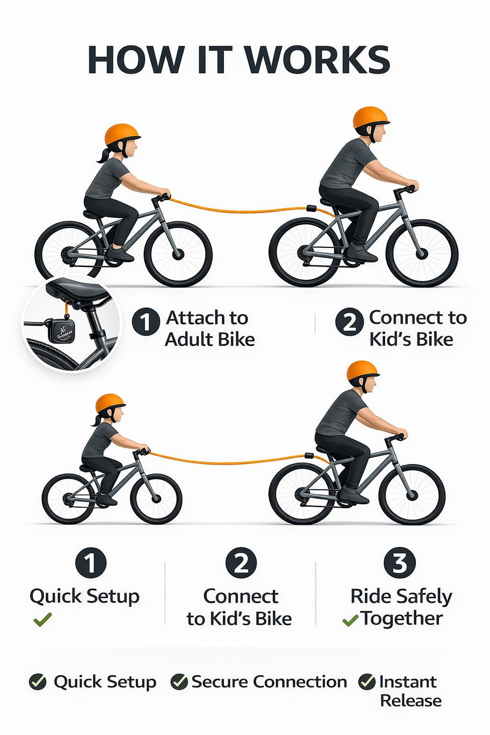 ADVENTURE TOW coupler connection secures adult and kid bikes for quick, safe setup.