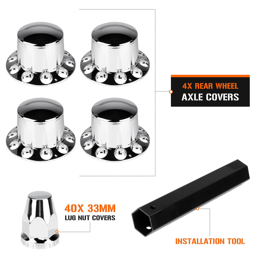 Aeagle kit includes four covers, forty 33mm lug nut covers, and a wrench.