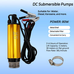 AeKeatDa DC-12V 80W water pump side view highlighting portability and setup