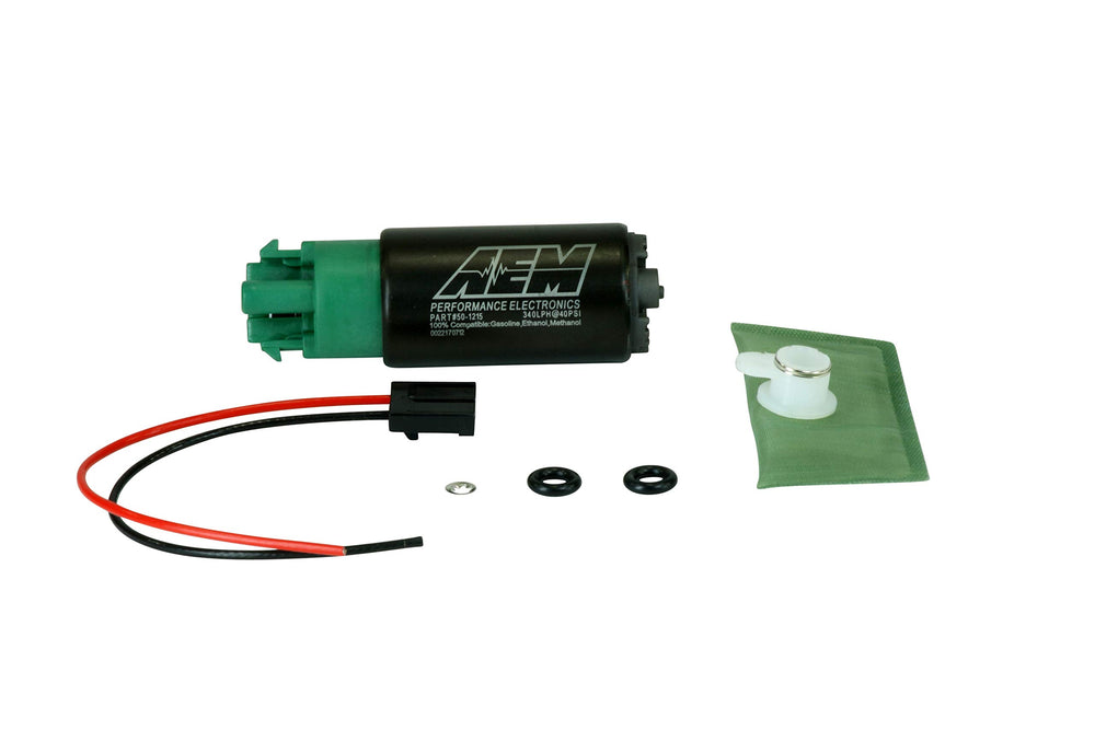 AEM 340lph fuel pump close-up shows compact in-tank design for easy installation.