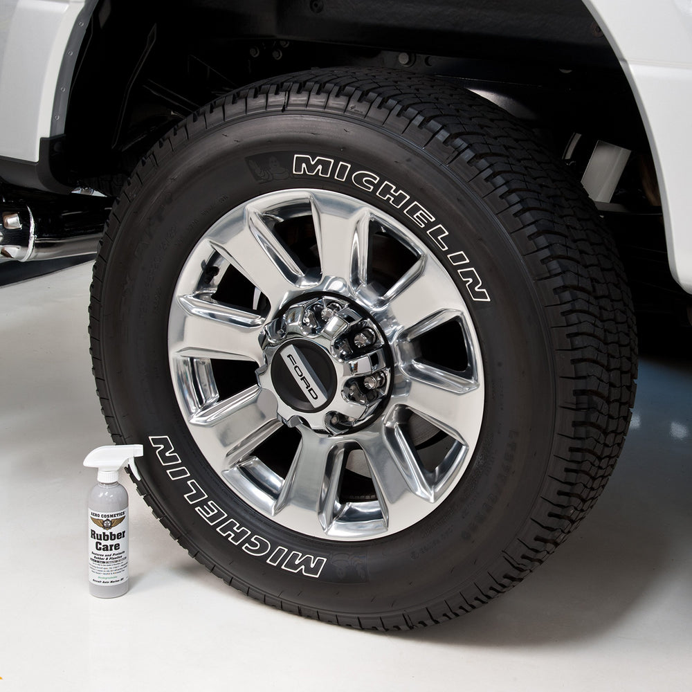 Aero Cosmetics Rubber Care on tire with satin-matte finish and dirt resistance.