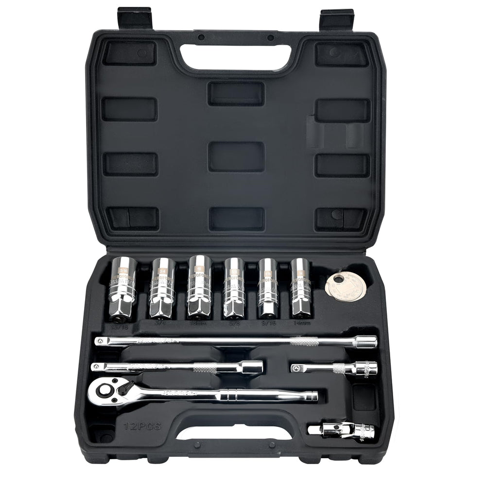 AEROFORCE 12-piece spark plug socket set with ratchet handle for easy engine access