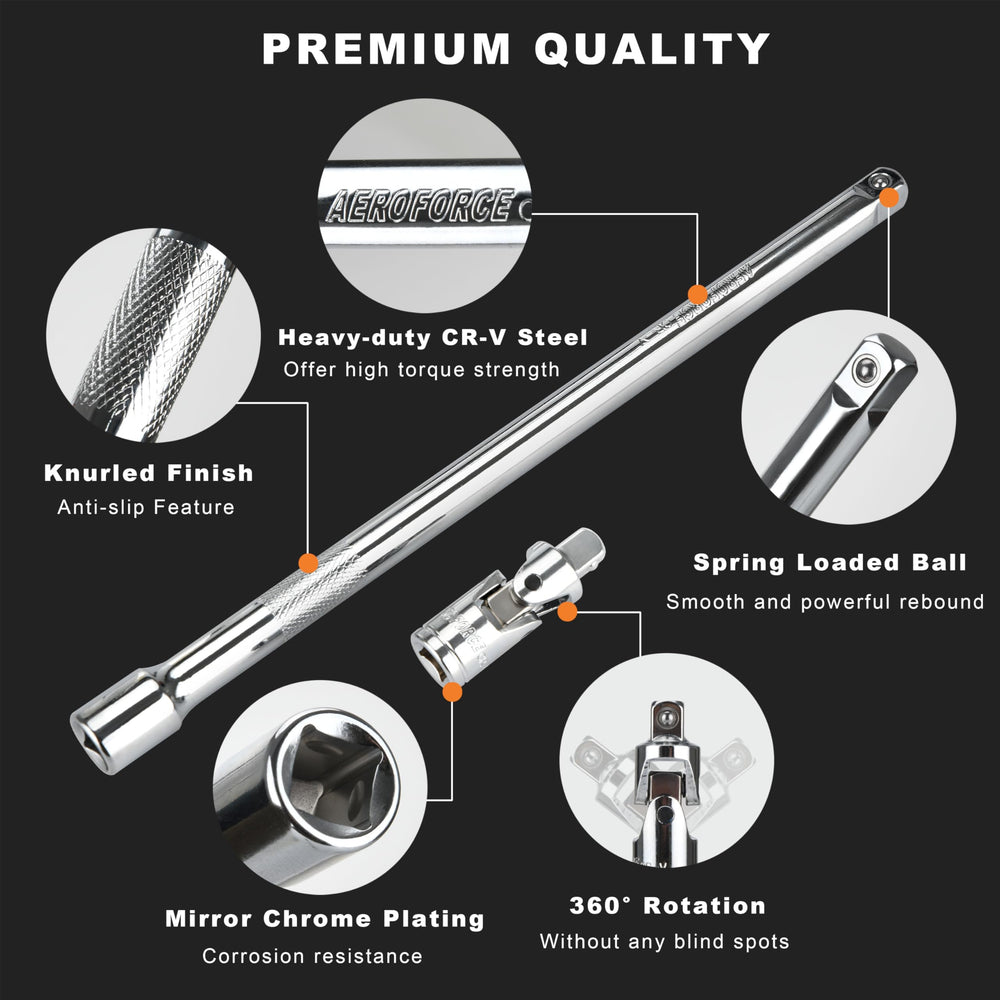 AEROFORCE universal joint and extension bar improve reach.